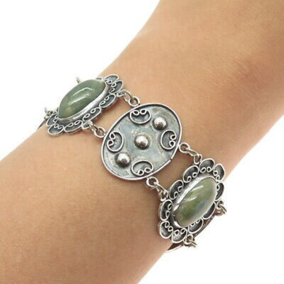 925 Sterling Silver Vintage Mexico Real Jade Floral Panel Link